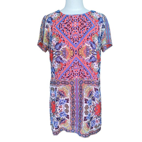 Lulus Sangria Coral Pink Tile Print Mini Shift Dress Chiffon Boho Maximalist-L - Picture 7 of 13